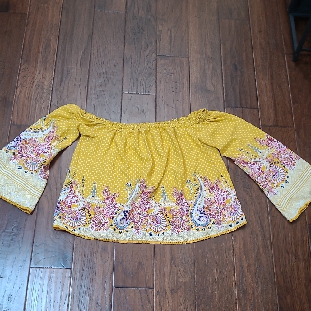 Wonderly Mustard Floral Off-the-Shoulder Blouse with Bell Sleeves size XL